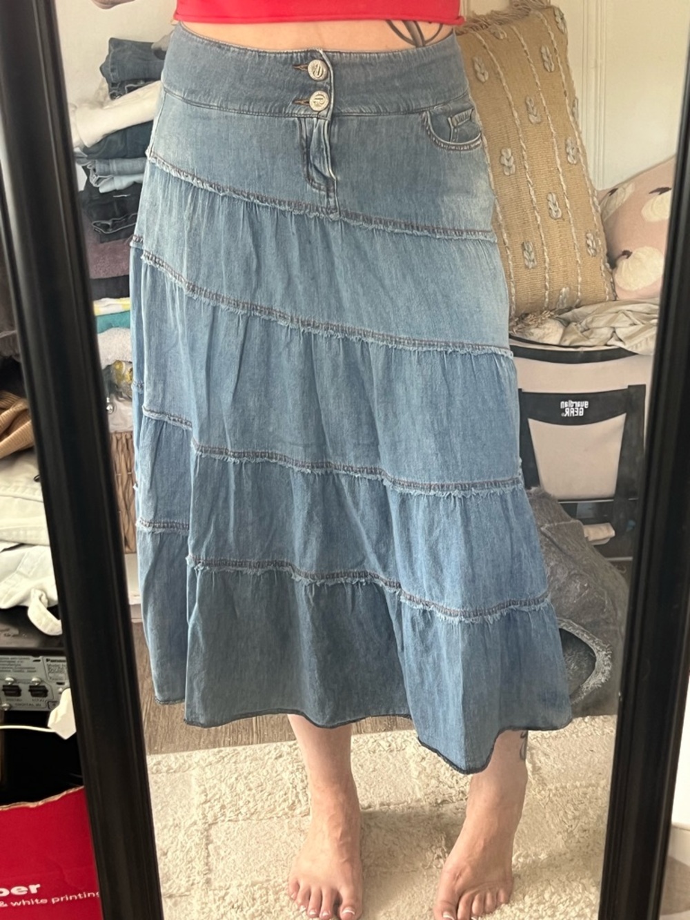 Blue Denim Tiered Maxi Skirt - Women